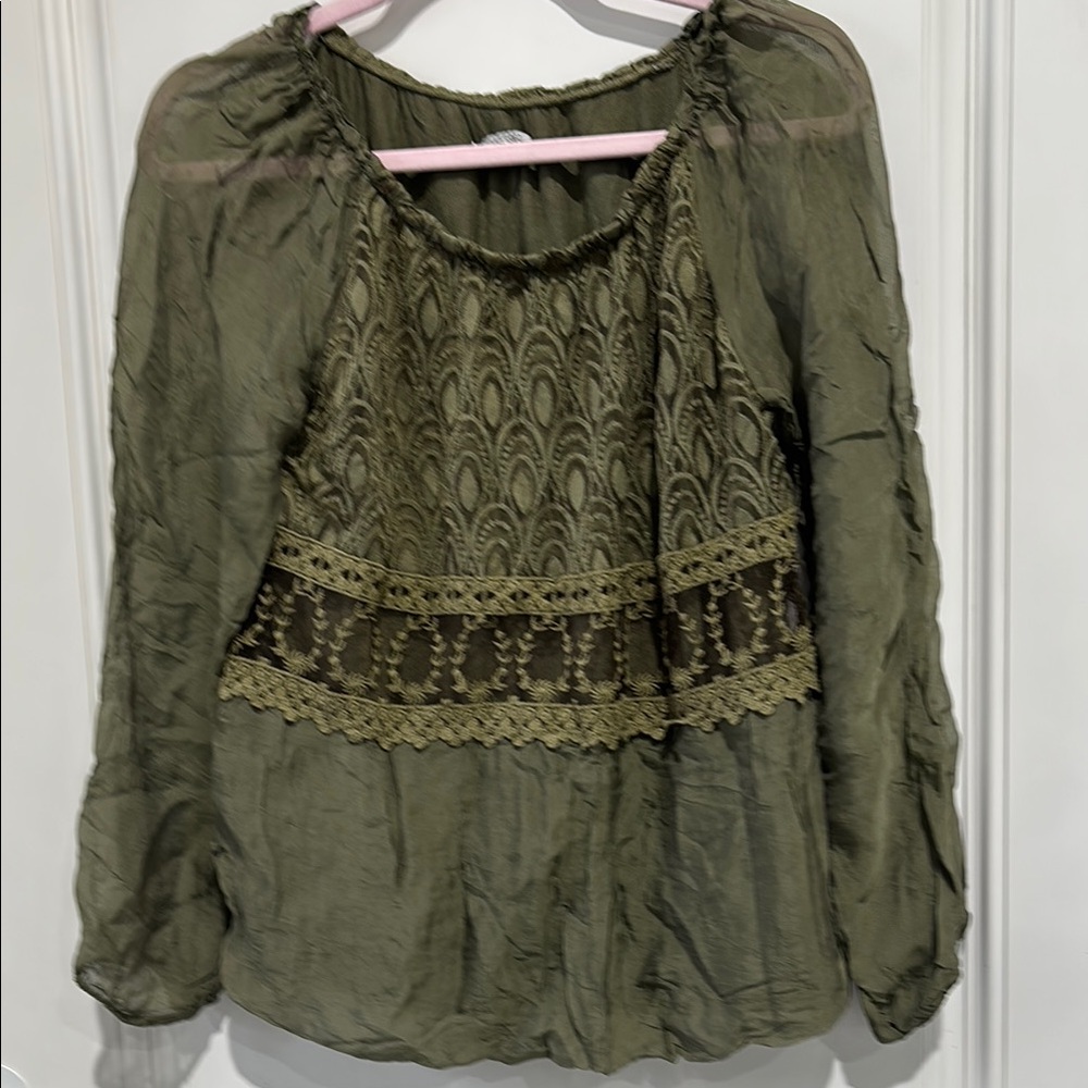 Elena Baldi Italy Sz S Luxury Designer Sheer Lined Lace Long Sleeve Blouse Green